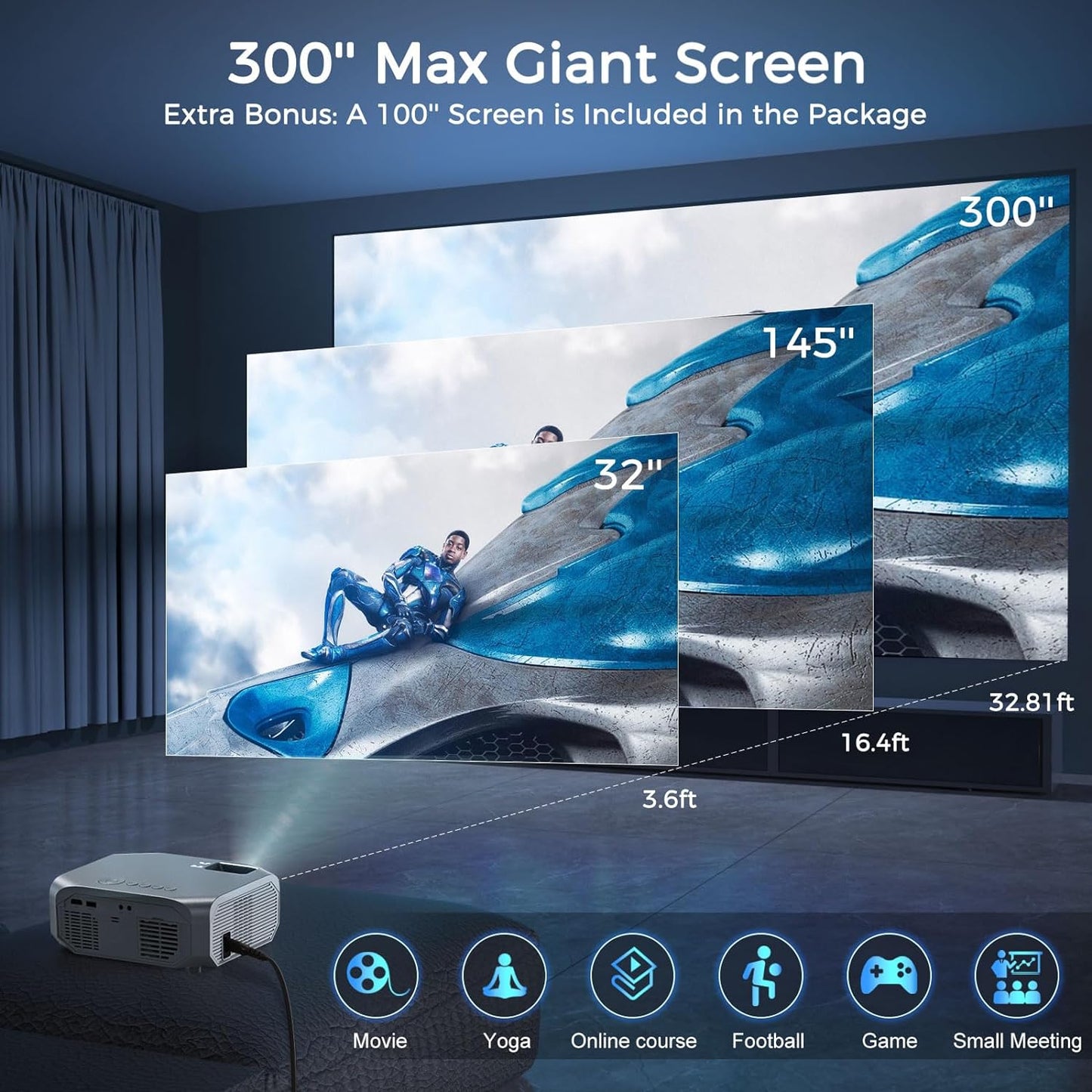 Projector with 5G WiFi and Bluetooth, 10000L Native 1080P Portable Outdoor Video Projector 4K Supported, Home Theater Movie Projector with Screen for Phone/PC/TV Stick/PS5(FBA仓发货,禁售亚马逊) - Torange