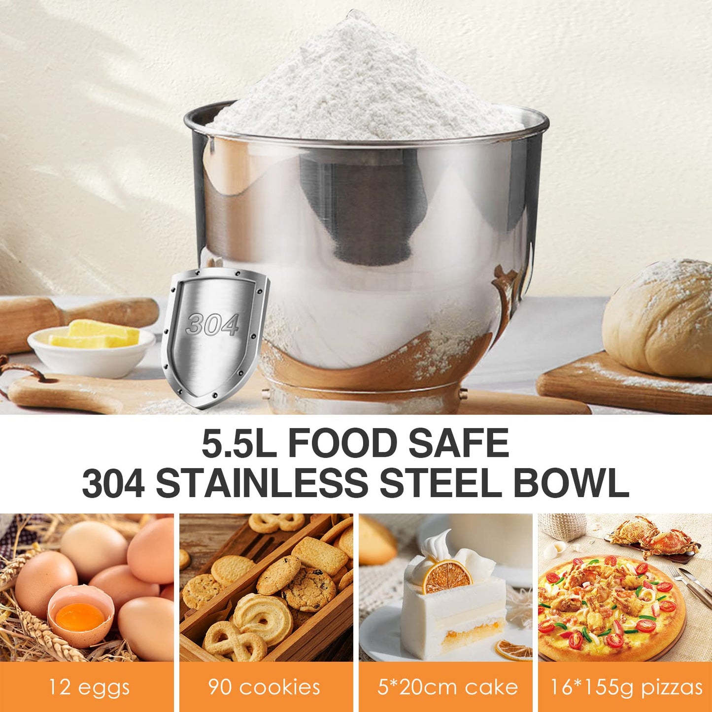 Food processor with 5.5 litre stainless steel bowl, 1500 W, silent multifunction version with metal bowl and meta whisk - Torange