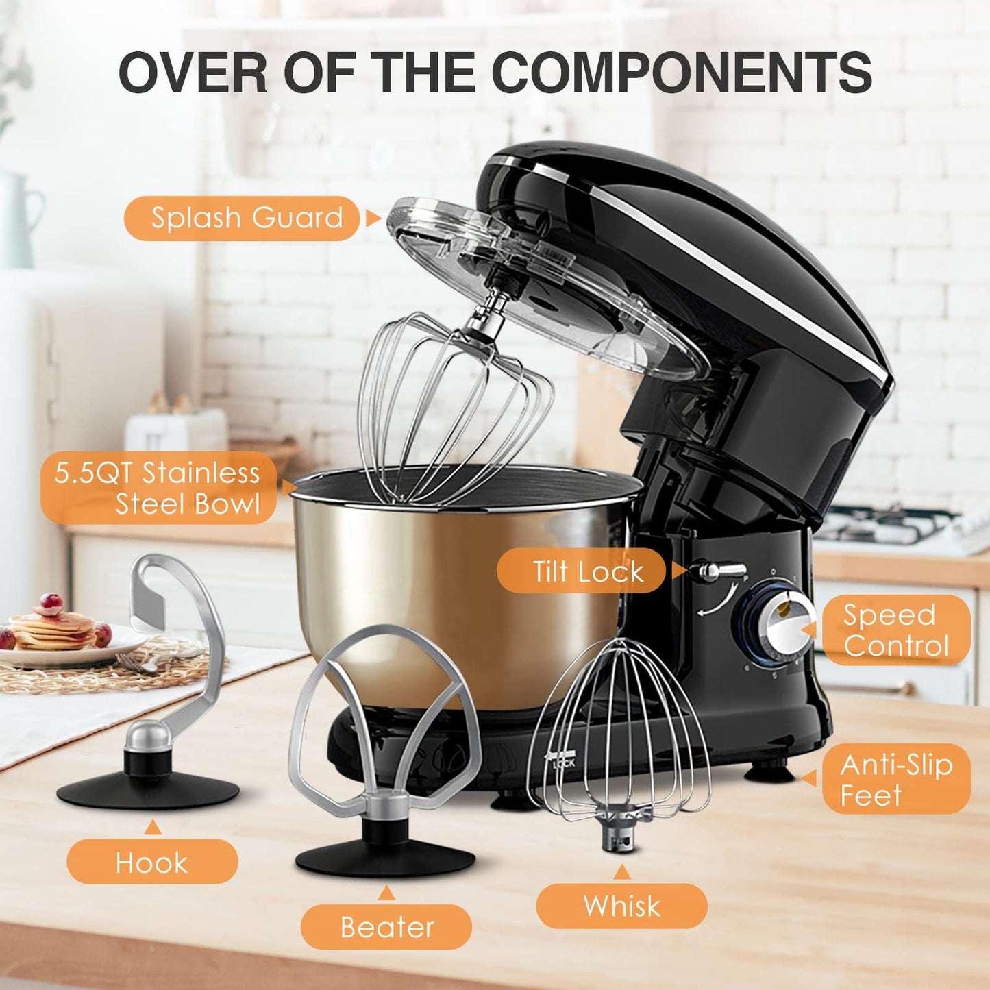 Food processor with 5.5 litre stainless steel bowl, 1500 W, silent multifunction version with metal bowl and meta whisk - Torange