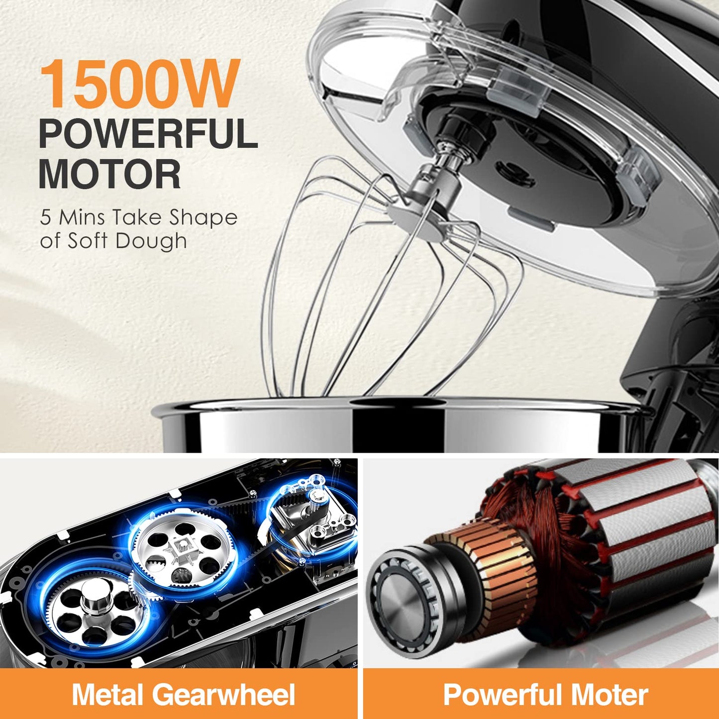 Food processor with 5.5 litre stainless steel bowl, 1500 W, silent multifunction version with metal bowl and meta whisk - Torange