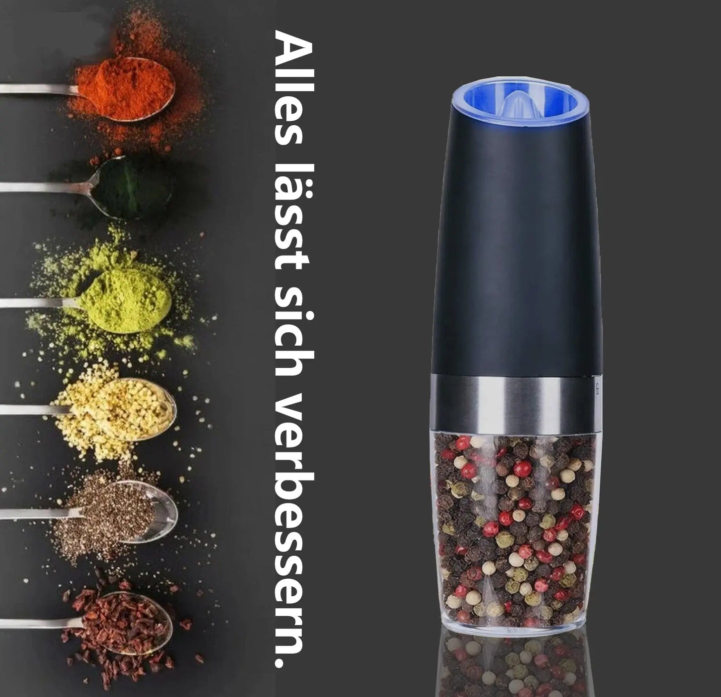 Gravity Electric Salt and Pepper Mill Set, Stainless Steel Automatic Pepper and Salt Miller, LED Blue Light, Battery Operated - Torange