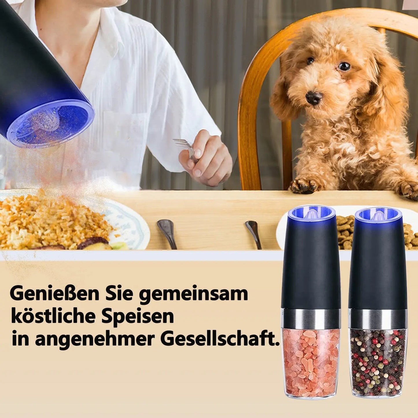 Gravity Electric Salt and Pepper Mill Set, Stainless Steel Automatic Pepper and Salt Miller, LED Blue Light, Battery Operated - Torange
