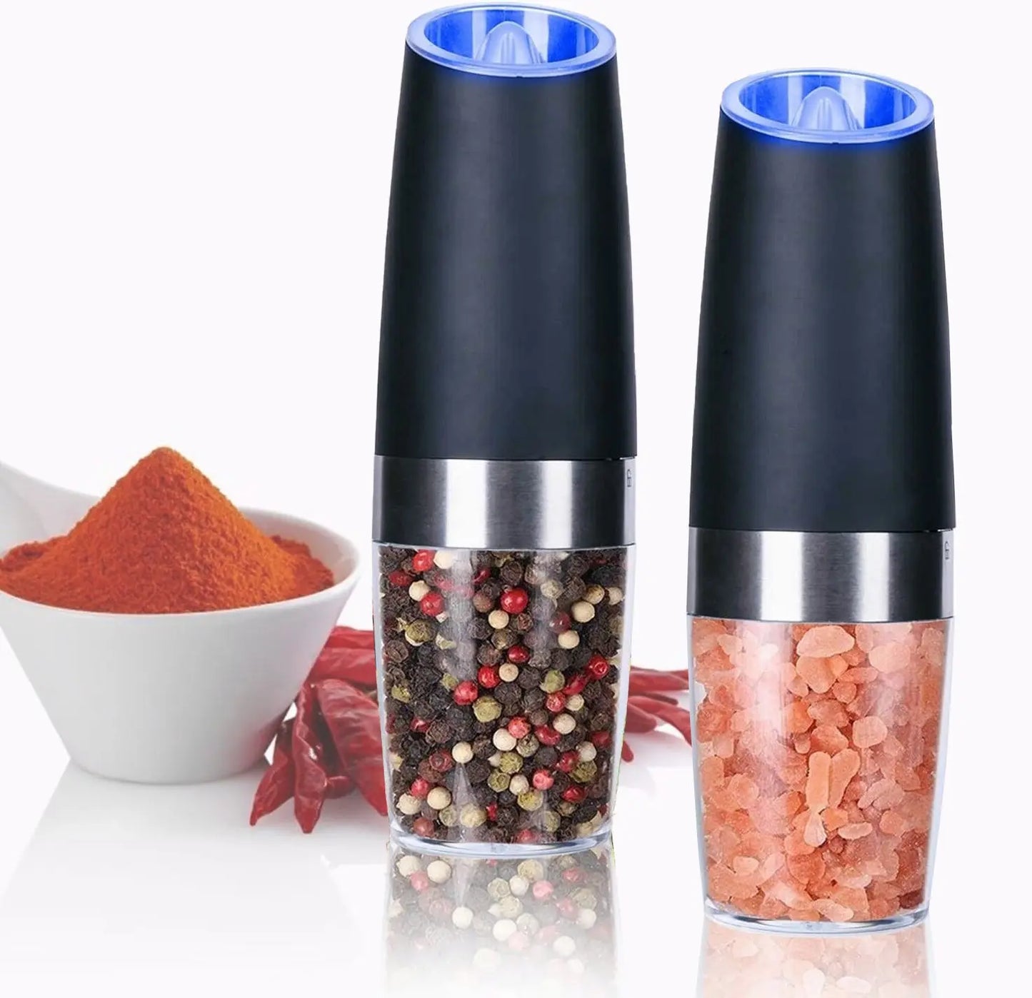 Gravity Electric Salt and Pepper Mill Set, Stainless Steel Automatic Pepper and Salt Miller, LED Blue Light, Battery Operated - Torange