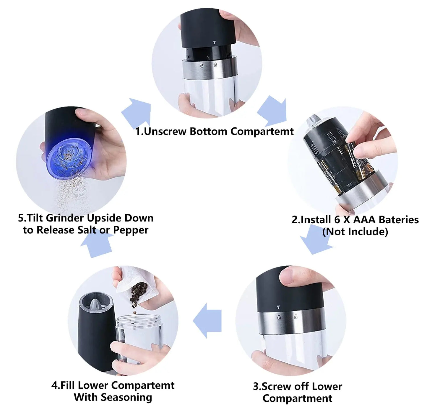 Gravity Electric Salt and Pepper Mill Set, Stainless Steel Automatic Pepper and Salt Miller, LED Blue Light, Battery Operated - Torange