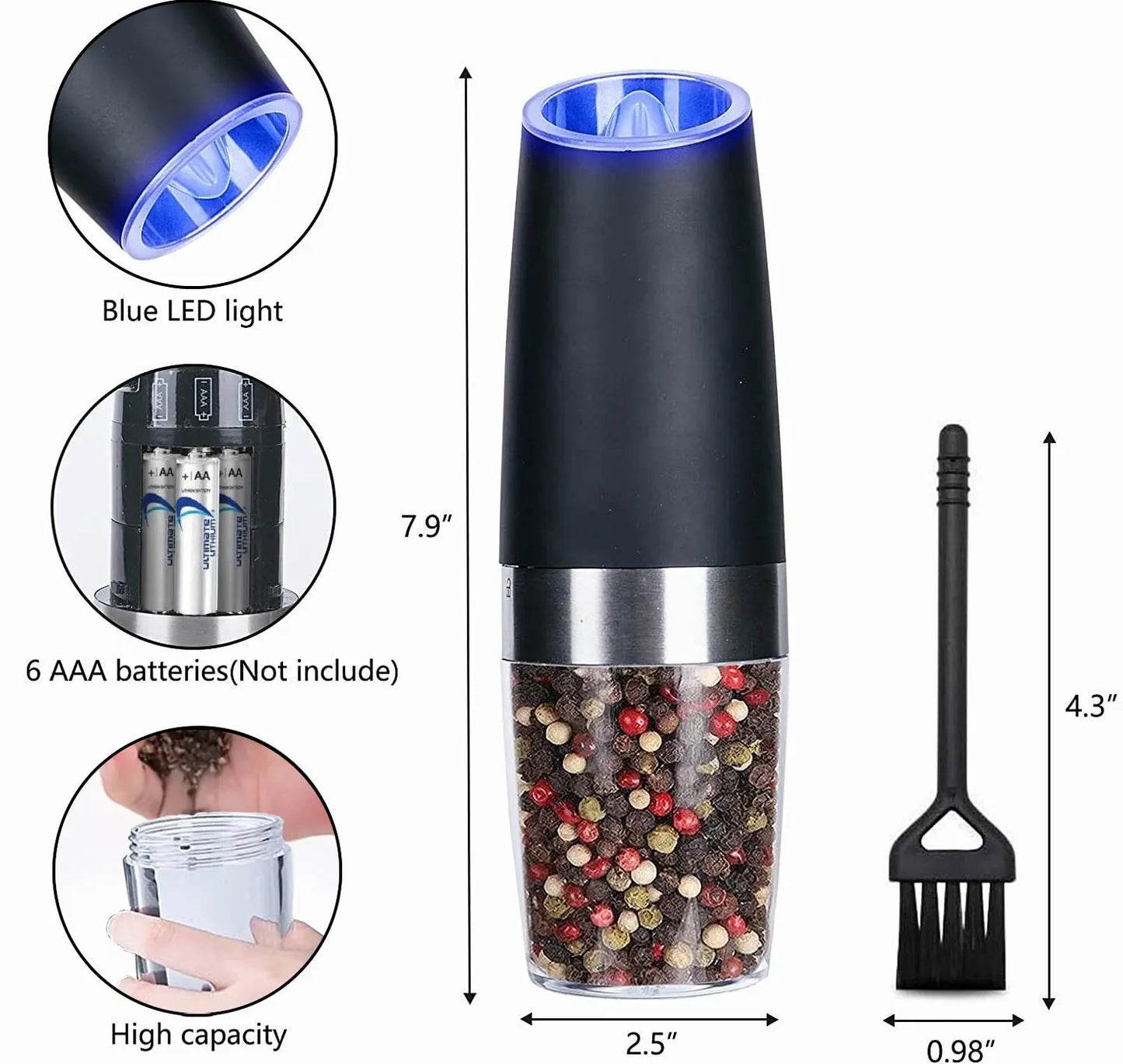 Gravity Electric Salt and Pepper Mill Set, Stainless Steel Automatic Pepper and Salt Miller, LED Blue Light, Battery Operated - Torange