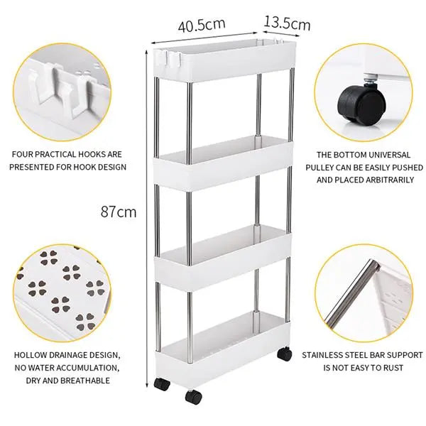 4-Layer Ultra-thin, Mobile Multi-functional Slim Storage Cart,Suitable for Kitchen, Bathroom, Laundry Room Narrow Place, Plastic and Stainless Steel, White - Torange