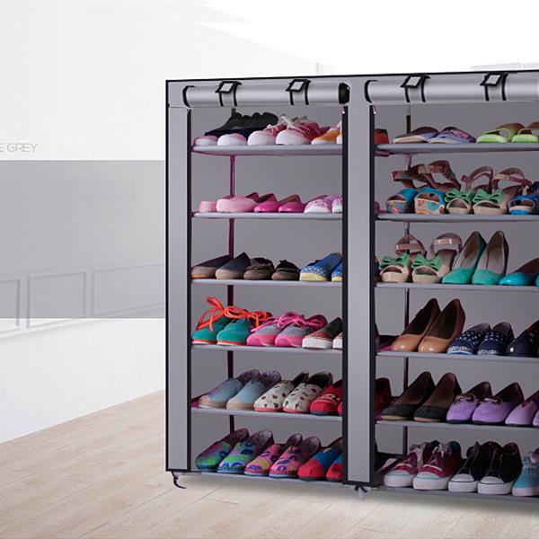 6-Row 2-Line 12 Lattices Non-woven Fabric Shoe Rack Gray - Torange
