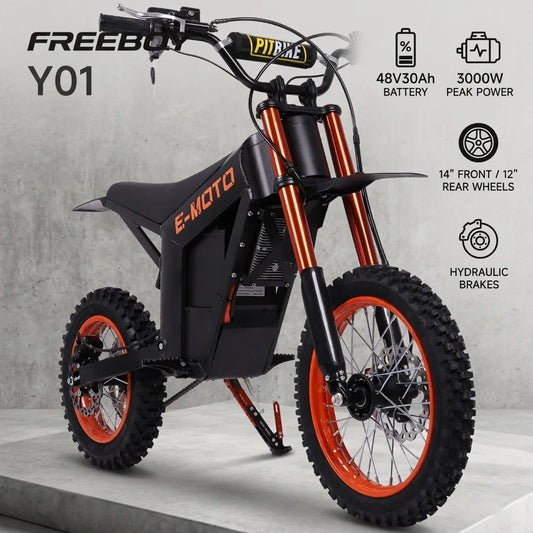Electric Bike E-MOTO Y01 3000W Powerful Motor 48V30AH Battery Off-Road Electric Motorcycle 14/12 Inch Tires All-Terrain E-Bike Torange