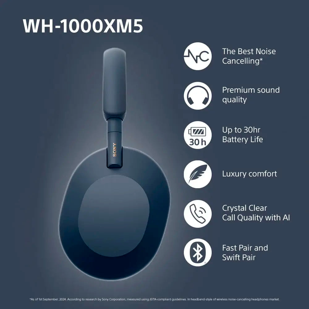 Sony WH-1000XM5 Noise Cancelling Wireless Over-Ear Headphones, Bluetooth, Clear Call Quality, Hi-Res, Up to 30hr Battery Life, Q