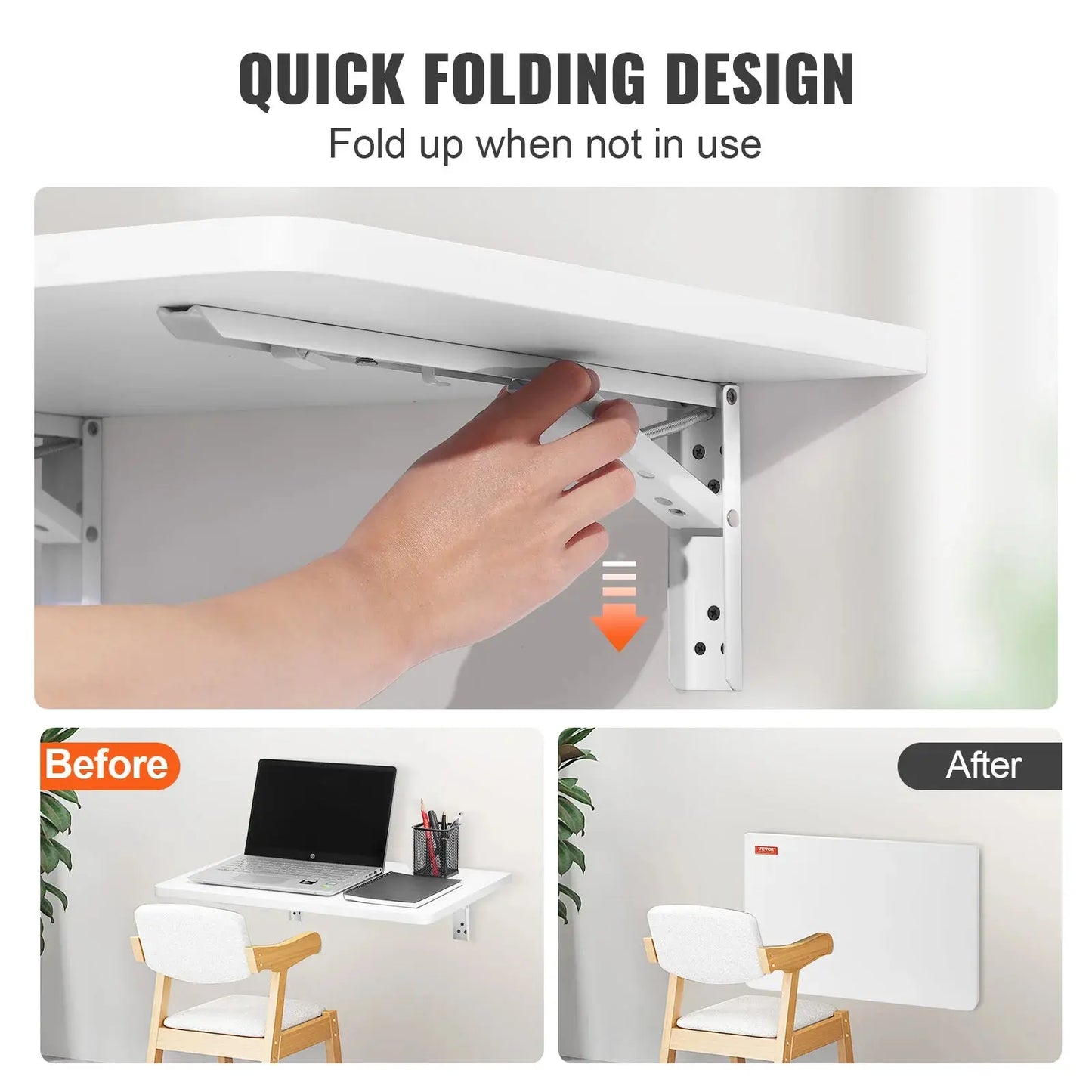 VEVOR Wall Mounted Folding Table Wall Mount Drop Leaf Table with Carbon Steel Bracket Wooden Desk for Dining Laundry Room Office Torange