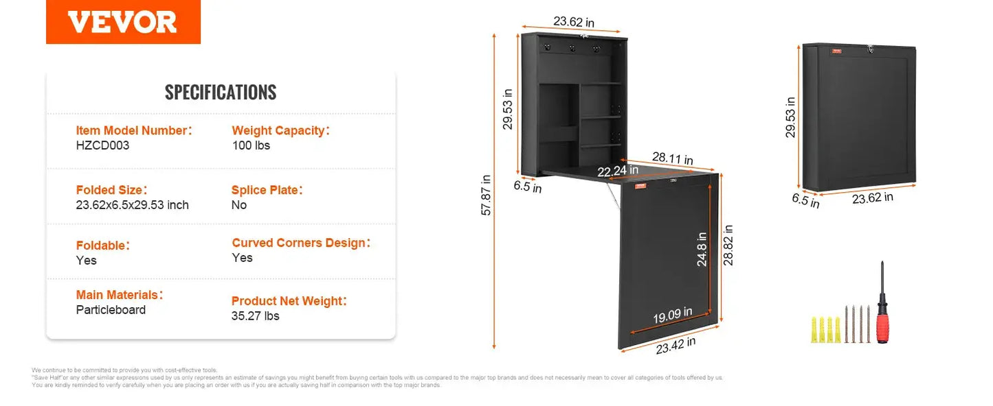 VEVOR Wall Mounted Folding Table Wall Mount Drop Leaf Table with Carbon Steel Bracket Wooden Desk for Dining Laundry Room Office Torange