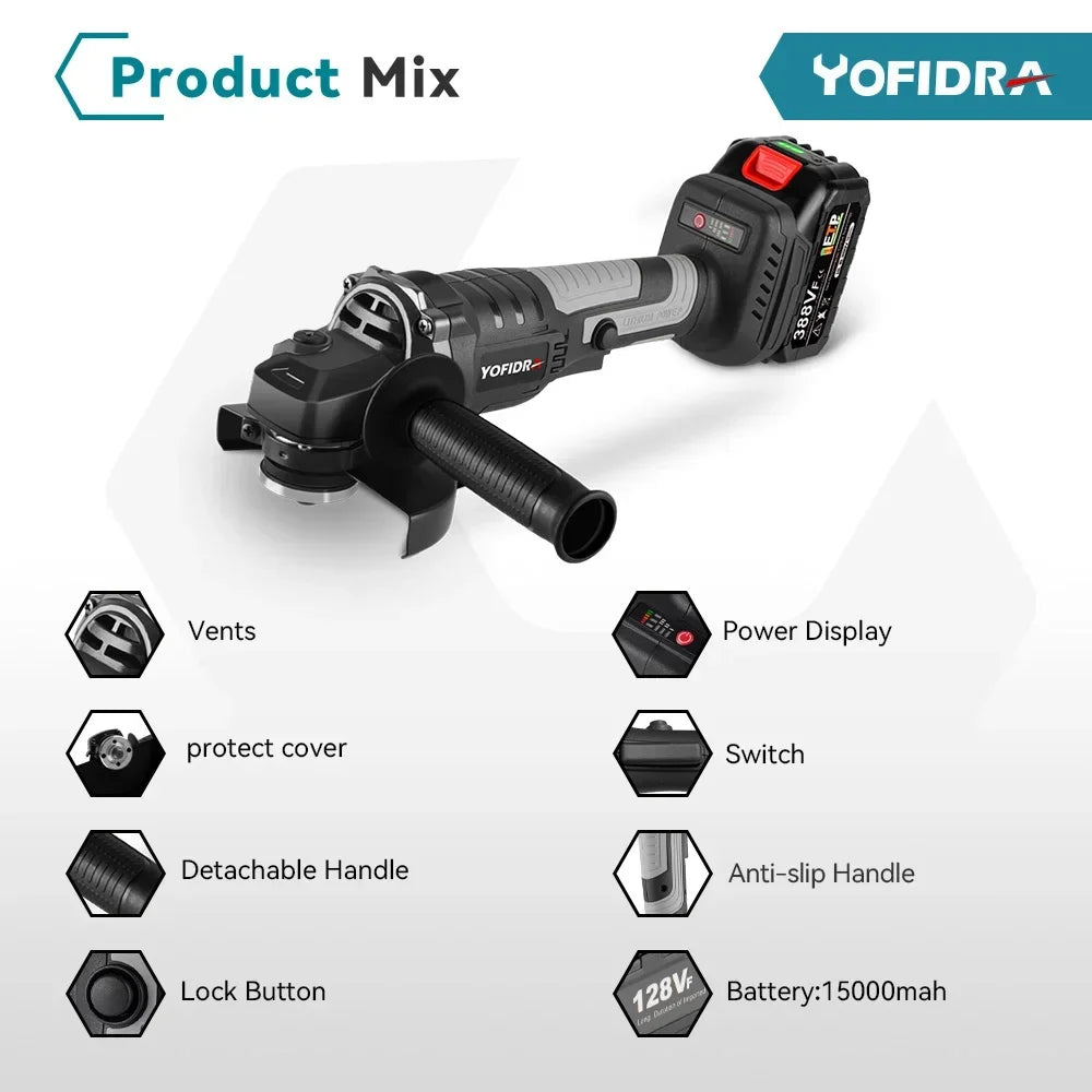 Yofidra 125mm Brushless Angle Grinder 3 Gears Variable Efficient Cordless Rechargeable Grinding Power Tool For Makita 18VBattery