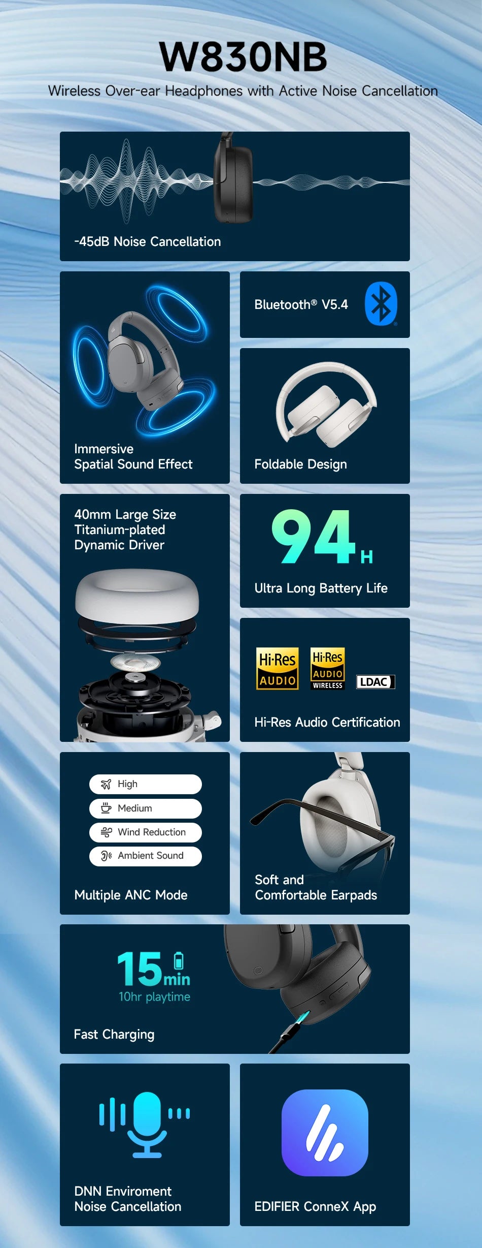 Edifier W830NB Wireless Headphones Bluetooth 5.4 Active Noise Cancelling Hi-Res Over-Ear Headset LDAC Foldable -45dB ANC 94H
