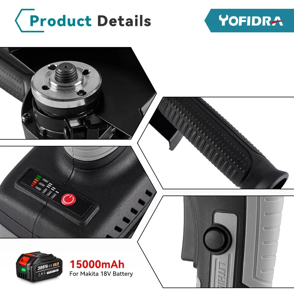 Yofidra 125mm Brushless Angle Grinder 3 Gears Variable Efficient Cordless Rechargeable Grinding Power Tool For Makita 18VBattery