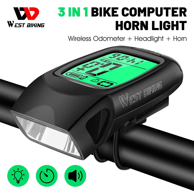 WEST BIKING 3 in 1 Wireless Bike Computer With Horn USB Rechargeable LED Flashlight Waterproof Bicycle Light Cycling Speedometer