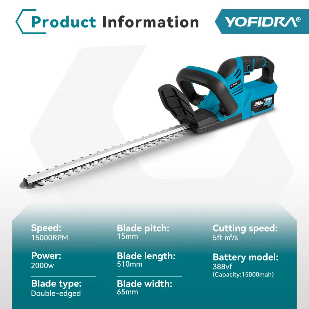 YOFIDRA 2000W Electric Hedge Trimmer 15000 RPM Lawn Mower Garden Landscaping Hedge Pruner Trimmer Tool For Makita 18V Battery