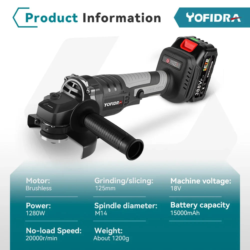 Yofidra 125mm Brushless Angle Grinder 3 Gears Variable Efficient Cordless Rechargeable Grinding Power Tool For Makita 18VBattery