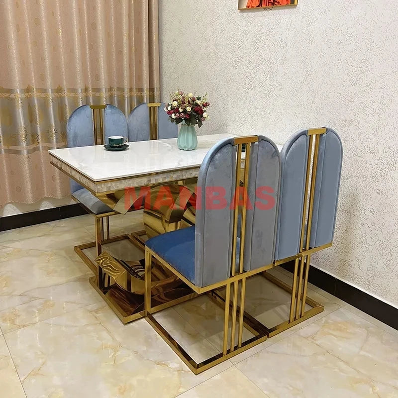 MANBAS Stainless Steel Dining Table with Sintered Stone / Marble Top Designer Mesas De Comedor with Sea Shell Kitchen Furniture