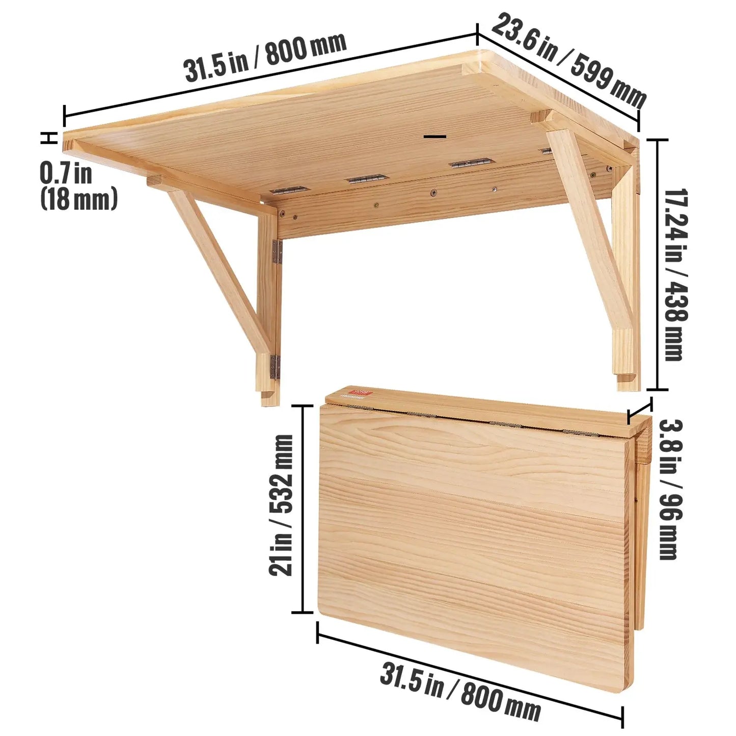 VEVOR Wall Mounted Folding Table Wall Mount Drop Leaf Table with Carbon Steel Bracket Wooden Desk for Dining Laundry Room Office Torange