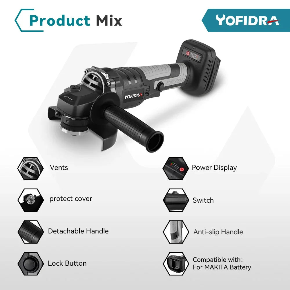 Yofidra 125mm Brushless Angle Grinder 3 Gears Variable Efficient Cordless Rechargeable Grinding Power Tool For Makita 18VBattery