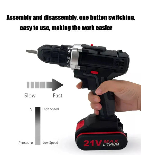 21V Electric Impact Cordless Drill High-power Lithium Battery Wireless Rechargeable Hand Drill Home DIY Electric Power Tools DS