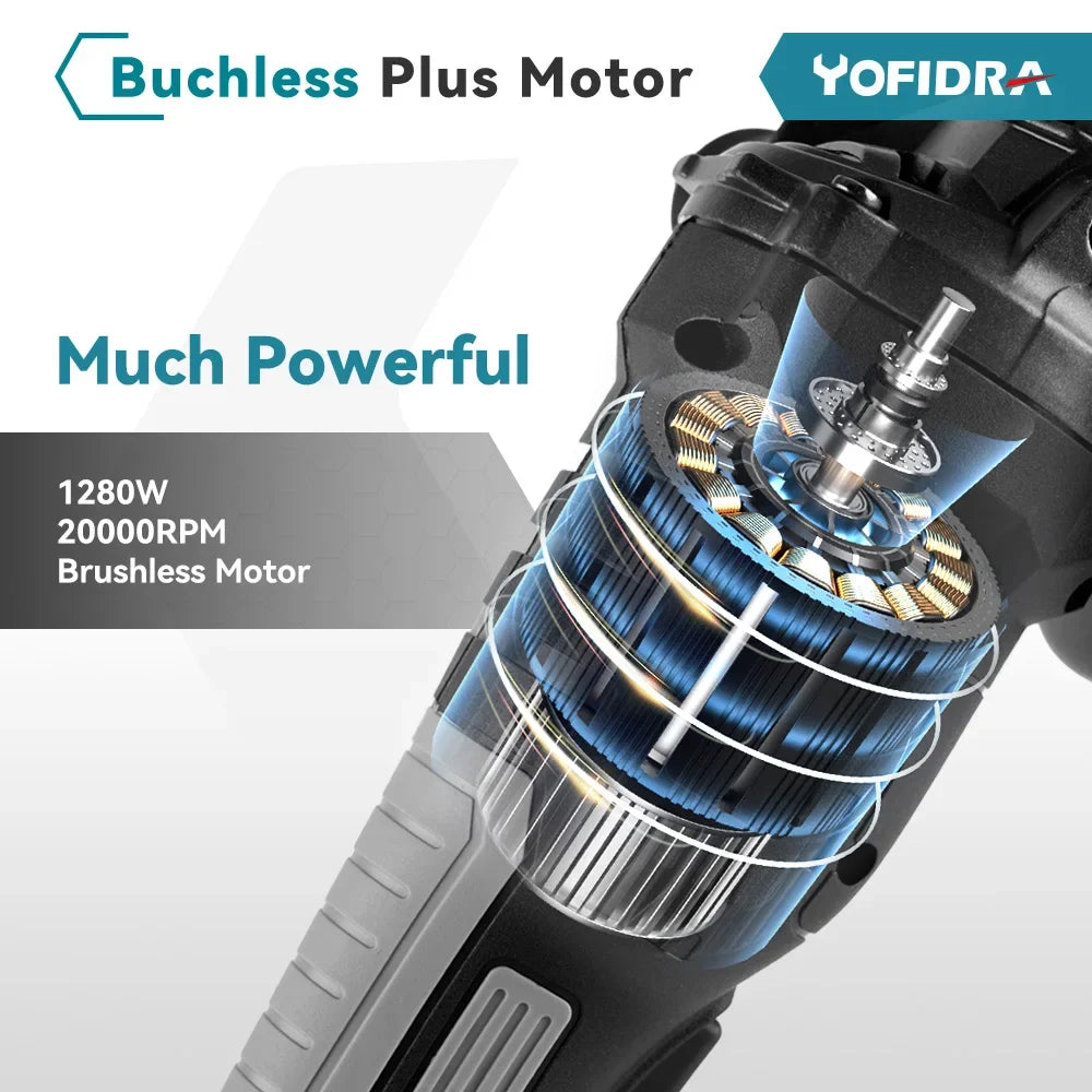 Yofidra 125mm Brushless Angle Grinder 3 Gears Variable Efficient Cordless Rechargeable Grinding Power Tool For Makita 18VBattery