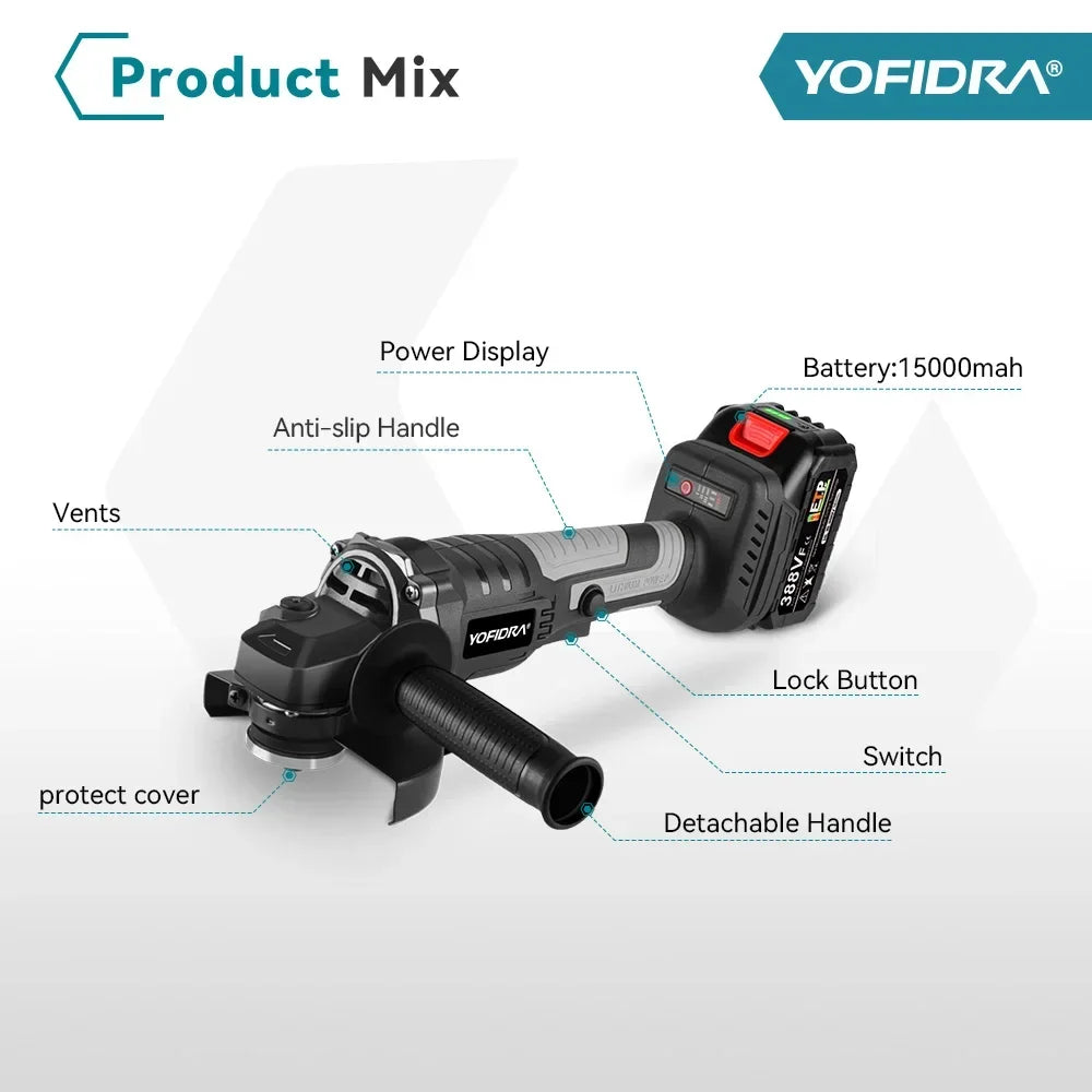 Yofidra 125mm Brushless Angle Grinder 3 Gears Variable Efficient Cordless Rechargeable Grinding Power Tool For Makita 18VBattery