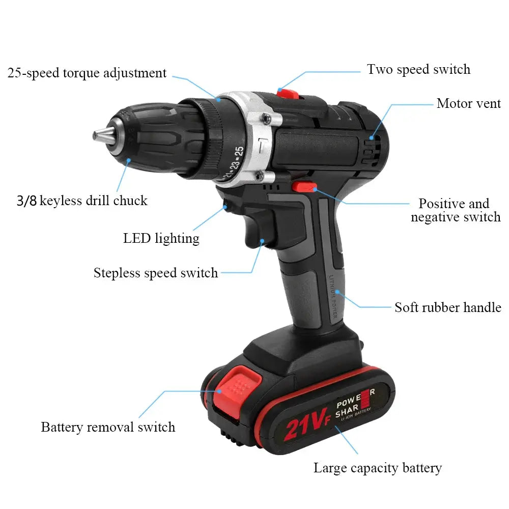 21V Electric Impact Cordless Drill High-power Lithium Battery Wireless Rechargeable Hand Drill Home DIY Electric Power Tools DS