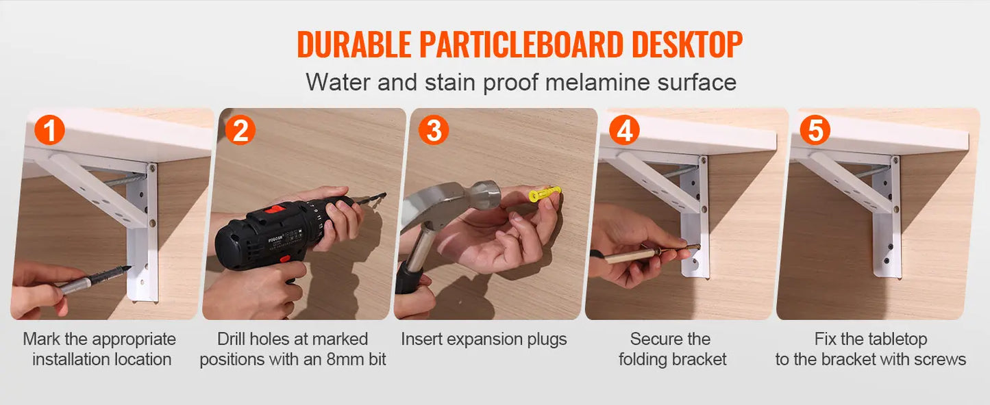 VEVOR Wall Mounted Folding Table Wall Mount Drop Leaf Table with Carbon Steel Bracket Wooden Desk for Dining Laundry Room Office Torange