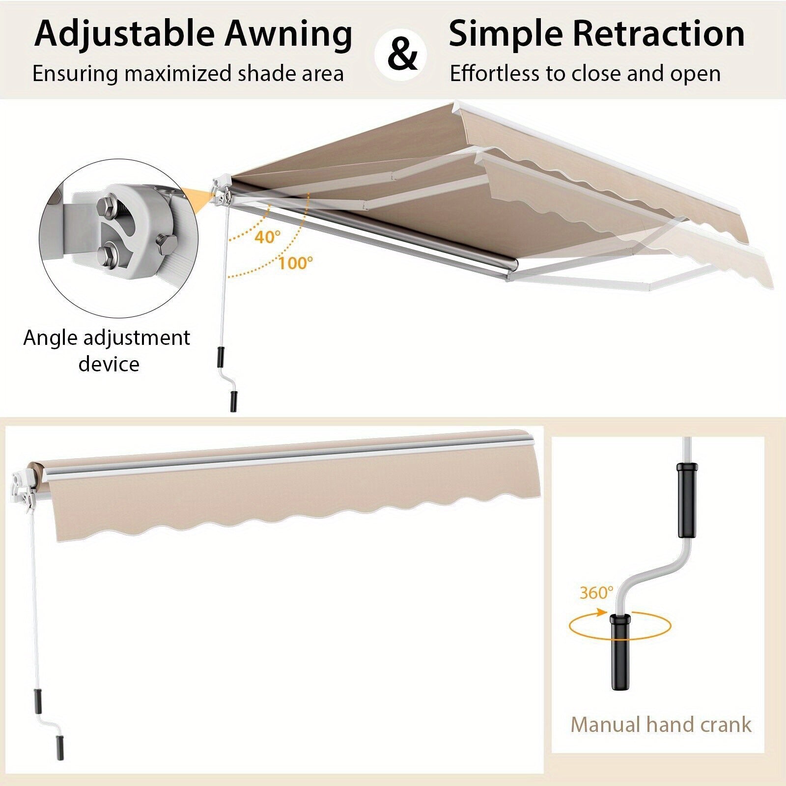 Costway 3.6 x 3m Patio Awning Manual Garden Canopy Sun Shade Retractable Shelter Outdoor - Torange