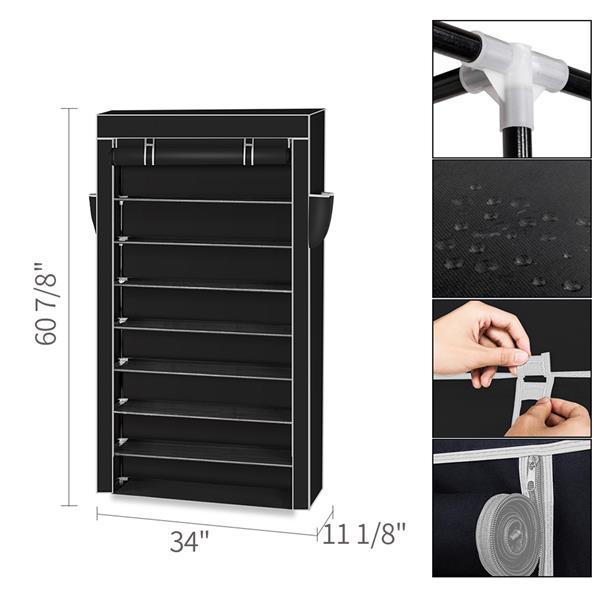 10 Tiers Shoe Rack with Dustproof Cover Closet Shoe Storage Cabinet Organizer Black - Torange