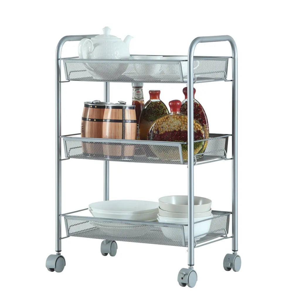Honeycomb Mesh Style Three Layers Removable Storage Cart Silver - Torange