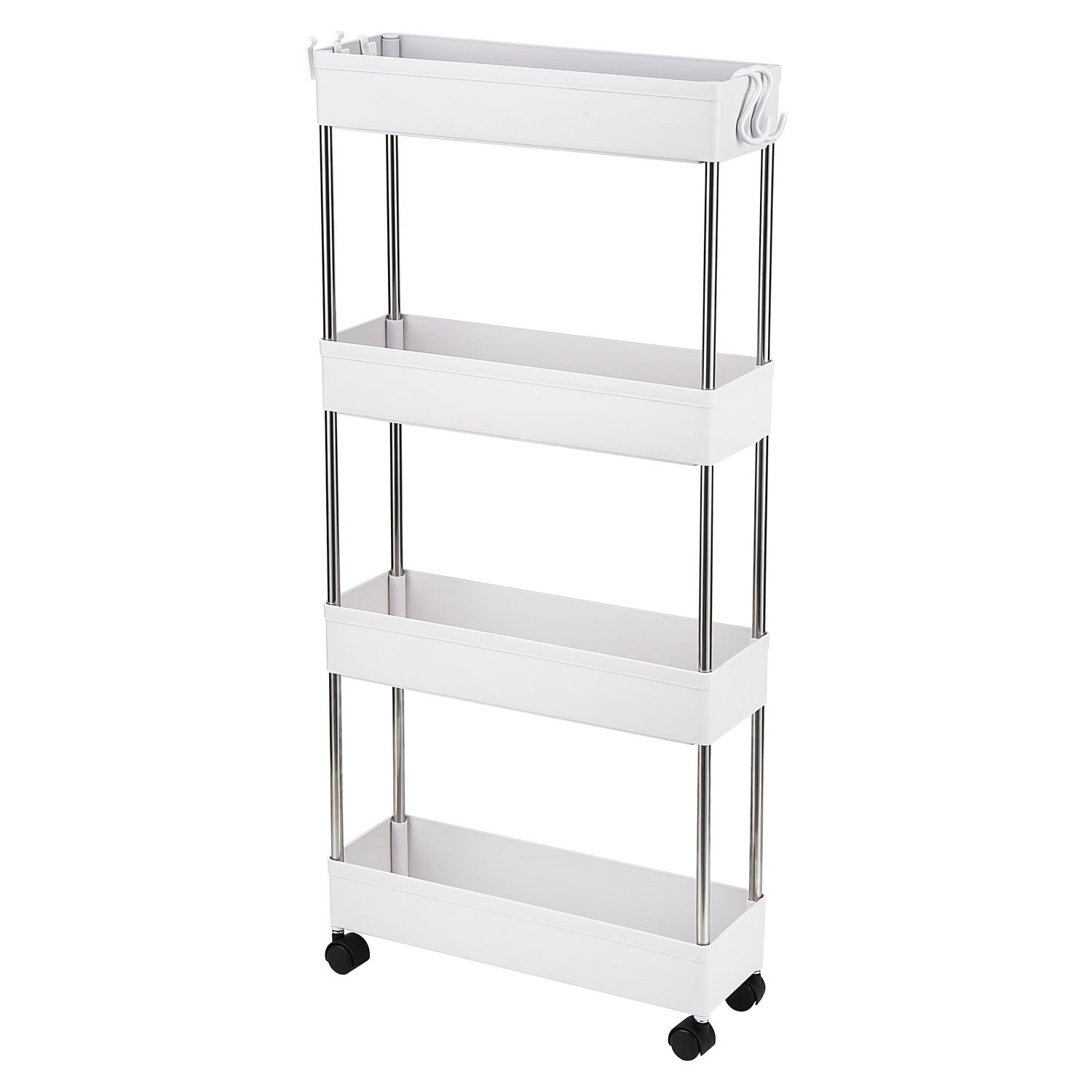 4-Layer Ultra-thin, Mobile Multi-functional Slim Storage Cart,Suitable for Kitchen, Bathroom, Laundry Room Narrow Place, Plastic and Stainless Steel, White - Torange