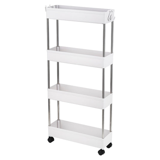 4-Layer Ultra-thin, Mobile Multi-functional Slim Storage Cart,Suitable for Kitchen, Bathroom, Laundry Room Narrow Place, Plastic and Stainless Steel, White - Torange