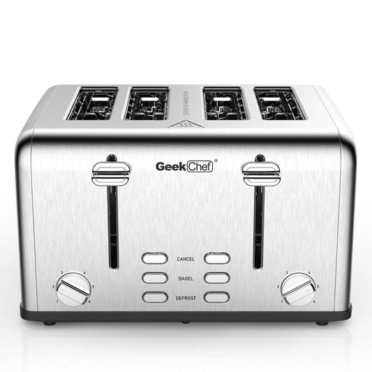 Toaster 4 Slice, Geek Chef Stainless Steel Extra-Wide Slot Toaster with Dual Control Panels of Bagel/Defrost/Cancel Function(Sliver-Black)Banned from selling on Amazon - Torange