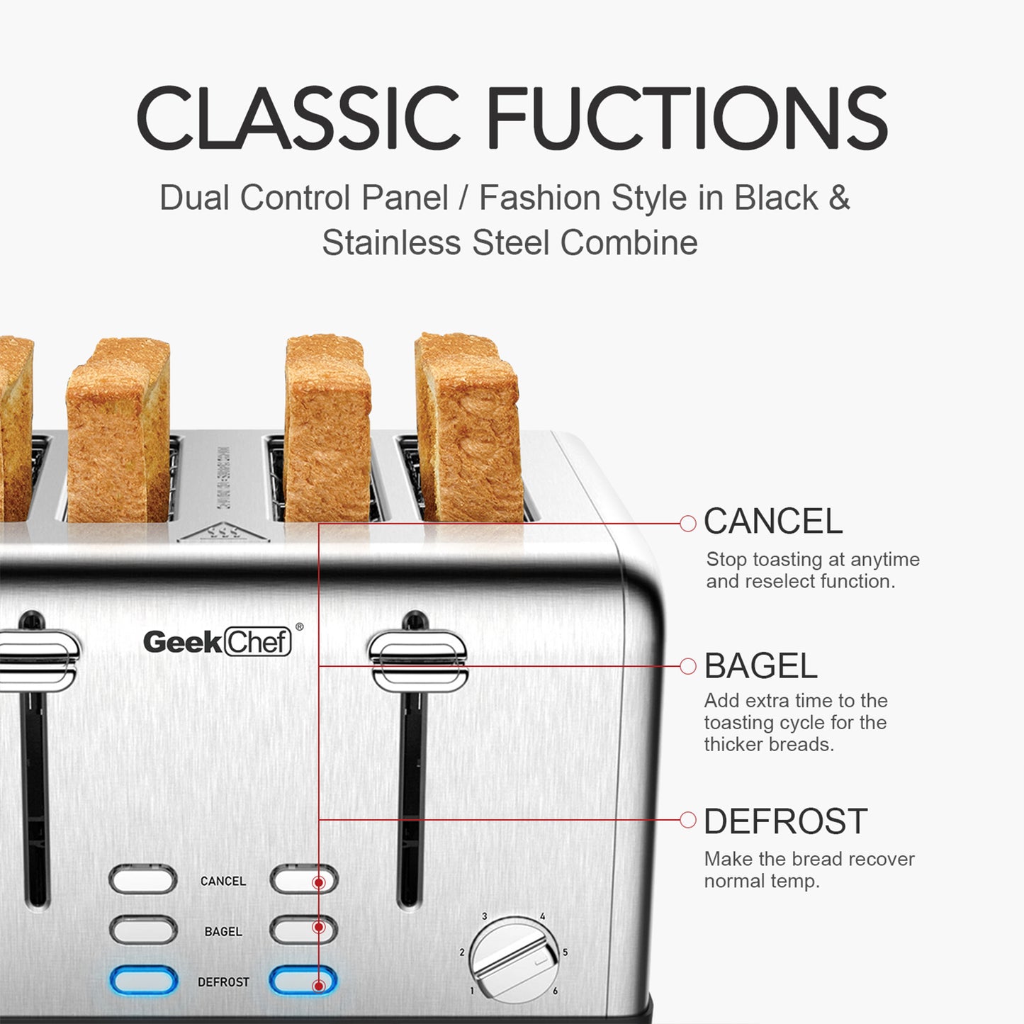 Toaster 4 Slice, Geek Chef Stainless Steel Extra-Wide Slot Toaster with Dual Control Panels of Bagel/Defrost/Cancel Function(Sliver-Black)Banned from selling on Amazon - Torange