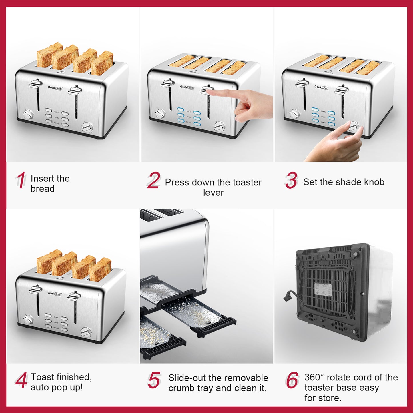 Toaster 4 Slice, Geek Chef Stainless Steel Extra-Wide Slot Toaster with Dual Control Panels of Bagel/Defrost/Cancel Function(Sliver-Black)Banned from selling on Amazon - Torange