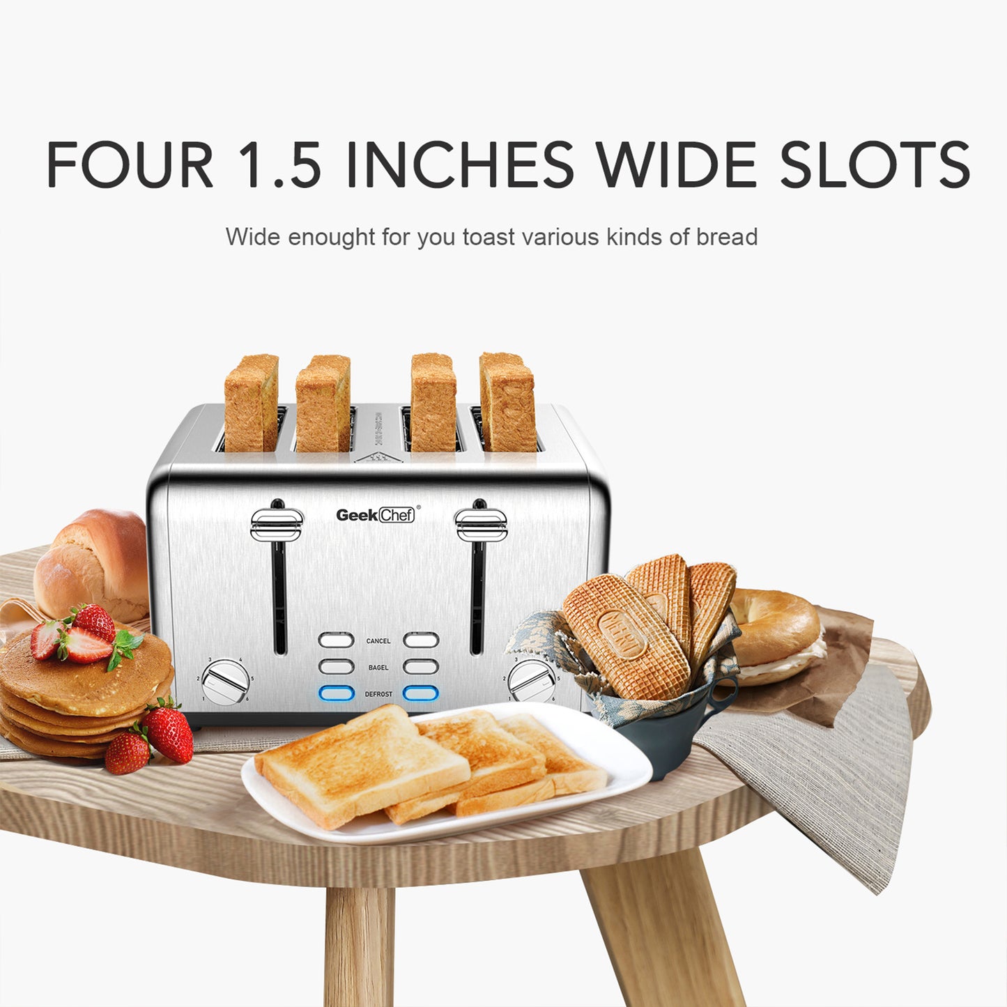Toaster 4 Slice, Geek Chef Stainless Steel Extra-Wide Slot Toaster with Dual Control Panels of Bagel/Defrost/Cancel Function(Sliver-Black)Banned from selling on Amazon - Torange