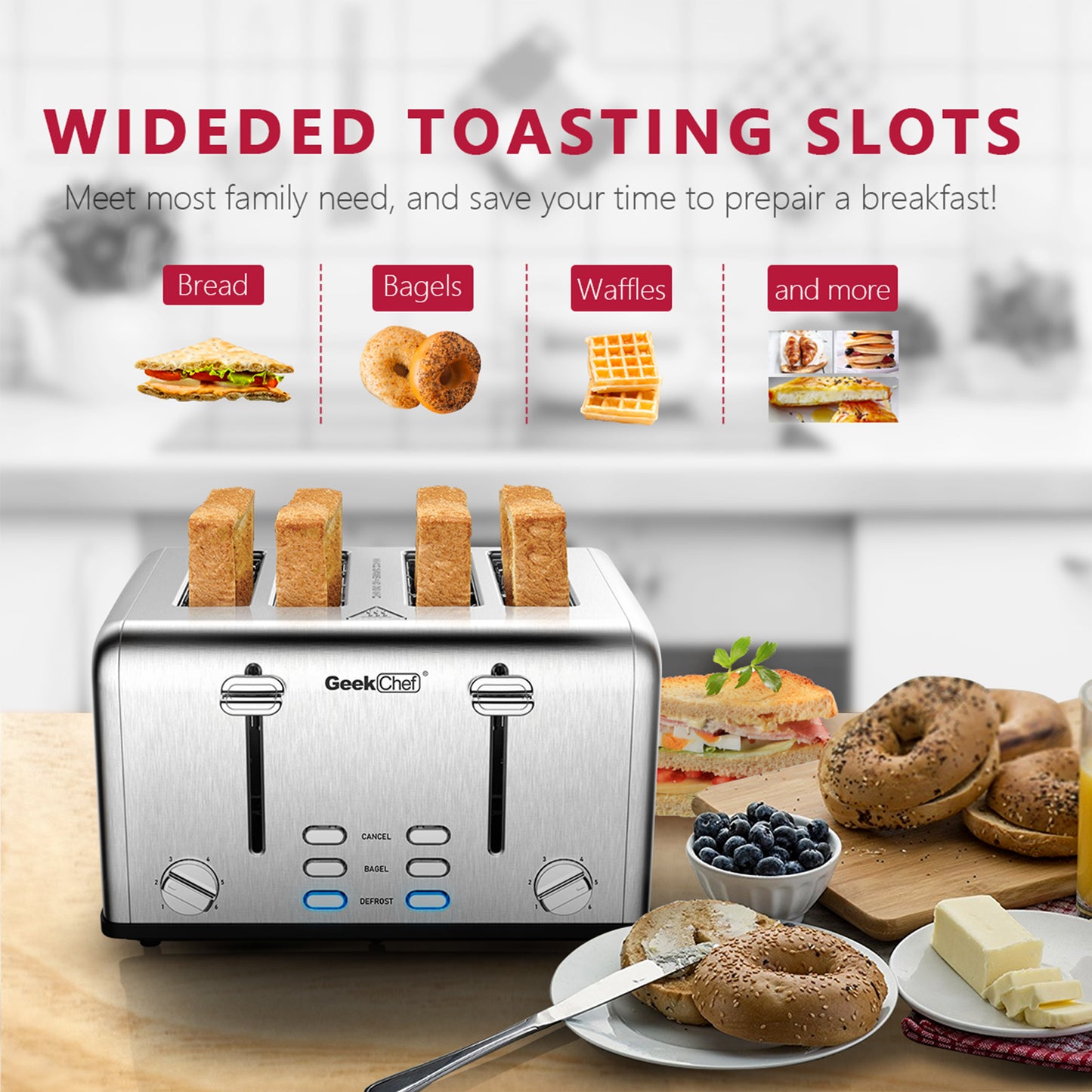 Toaster 4 Slice, Geek Chef Stainless Steel Extra-Wide Slot Toaster with Dual Control Panels of Bagel/Defrost/Cancel Function(Sliver-Black)Banned from selling on Amazon - Torange