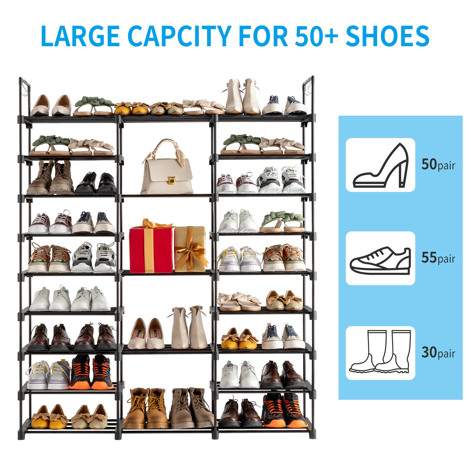 9 Tiers Shoe Rack Storage Organizer Shoe Shelf Organizer for Entryway Holds 50-55 Pairs Shoe, Stackable Shoe Cabinet Shoe Rack - Torange