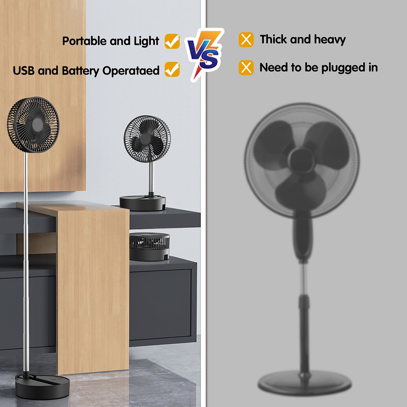 8" Portable Rechargeable Fan, 10000mAh Battery Operated Oscillating Fan, 3 Speeds, Adjustable Height, Foldable Fan, Quiet Small Standing Fan, Powerful USB Desk Fan for Home Office Picnic Camping - Torange