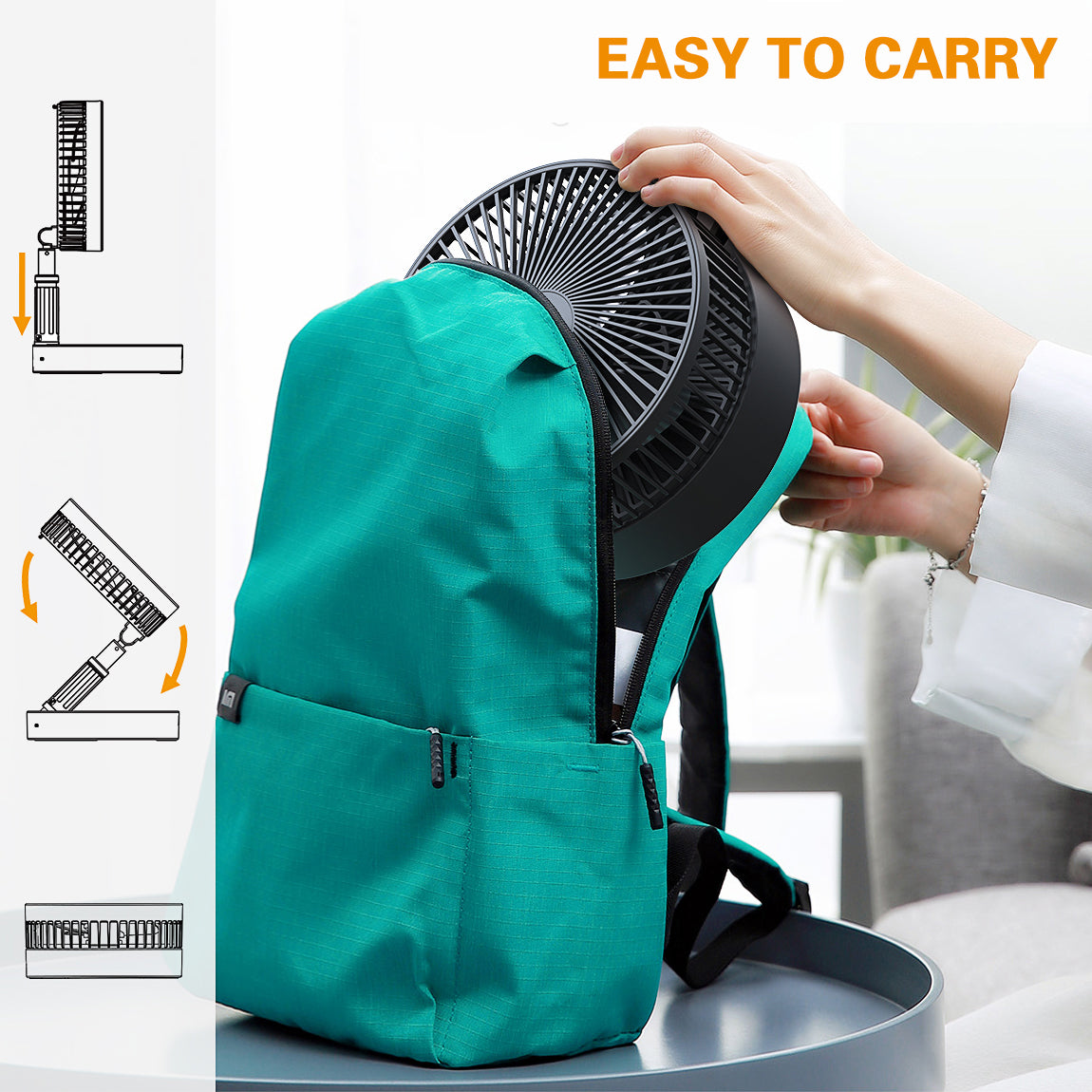 8" Portable Rechargeable Fan, 10000mAh Battery Operated Oscillating Fan, 3 Speeds, Adjustable Height, Foldable Fan, Quiet Small Standing Fan, Powerful USB Desk Fan for Home Office Picnic Camping - Torange