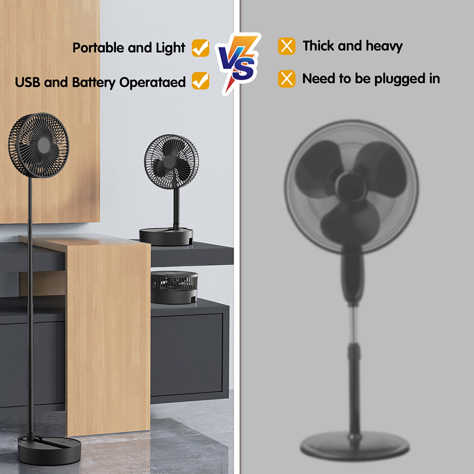 8" Portable Rechargeable Fan, 10000mAh Battery Operated Oscillating Fan, 3 Speeds, Adjustable Height, Foldable Fan, Quiet Small Standing Fan, Powerful USB Desk Fan for Home Office Picnic Camping - Torange