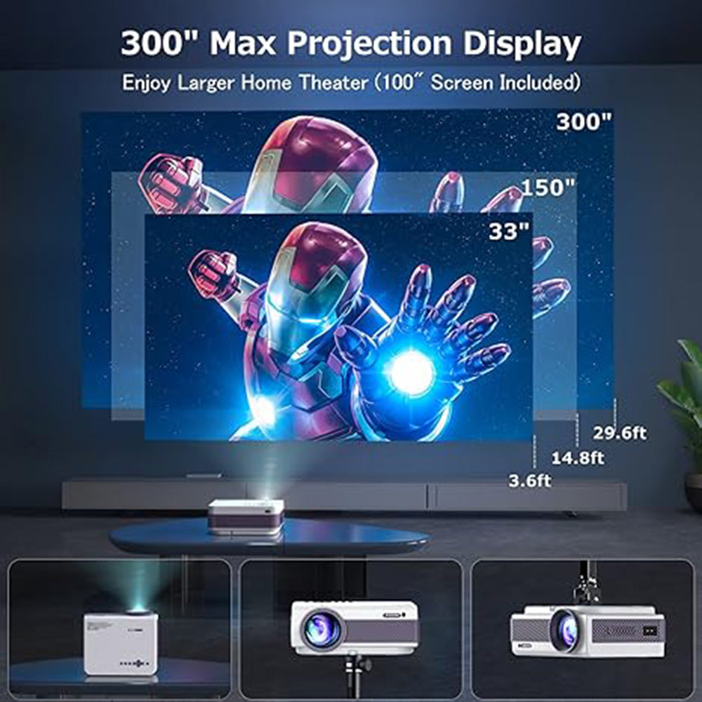 Projector with WiFi and Bluetooth, Native 1080P Outdoor Projector 10000L Support 4K, Portable Movie Projector with Screen and Max 300", Compatible with iOS/Android/Laptop/TV Stick/HDMI/USB/VGA - Torange
