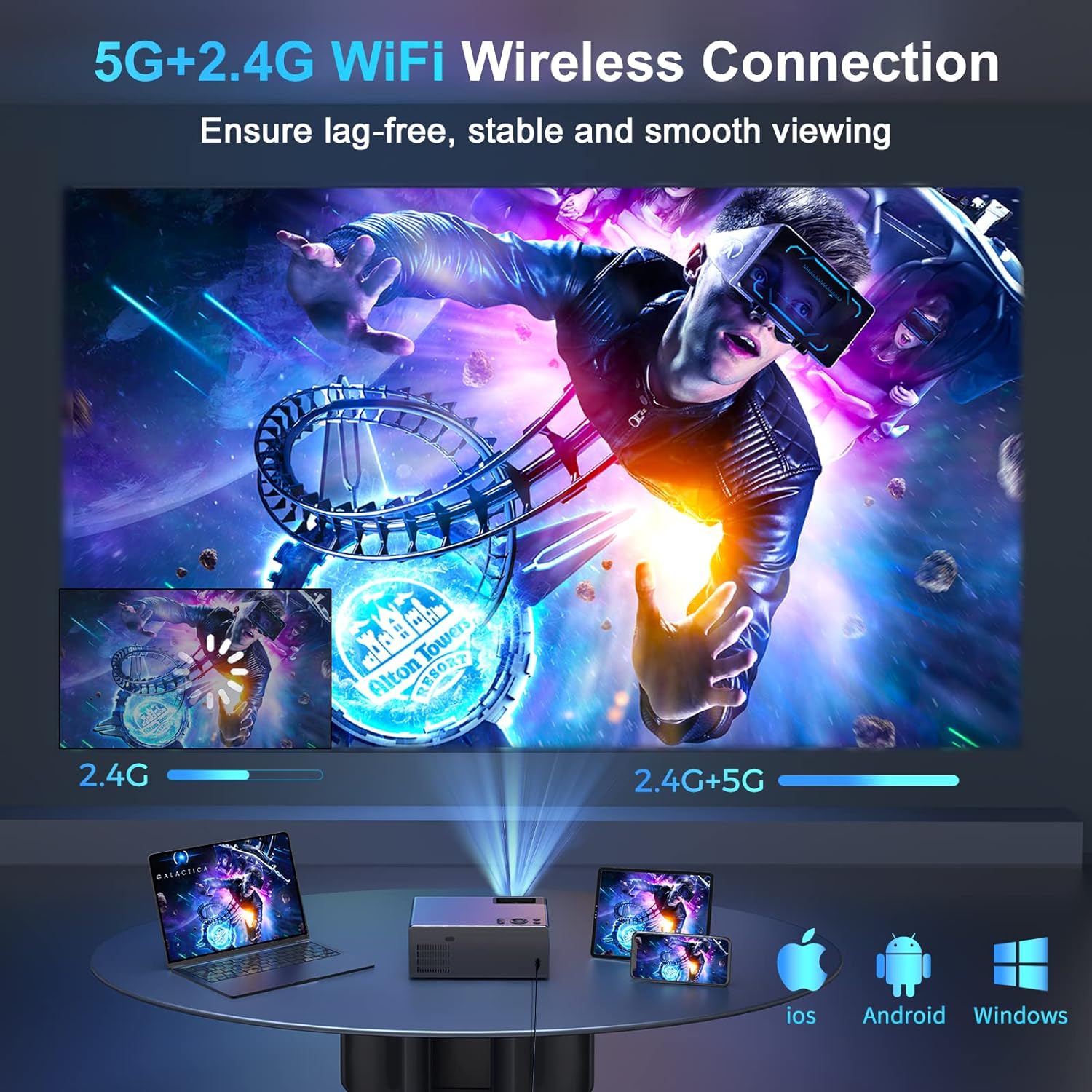 Projector with WiFi and Bluetooth, Projector 4K Support Native 1080P Projector, 5G WiFi FUDONI Outdoor Projector with 350 ANSI Max 300" Display, Movie Projector Compatible w/iOS/Android/Win/PS5, Black - Torange