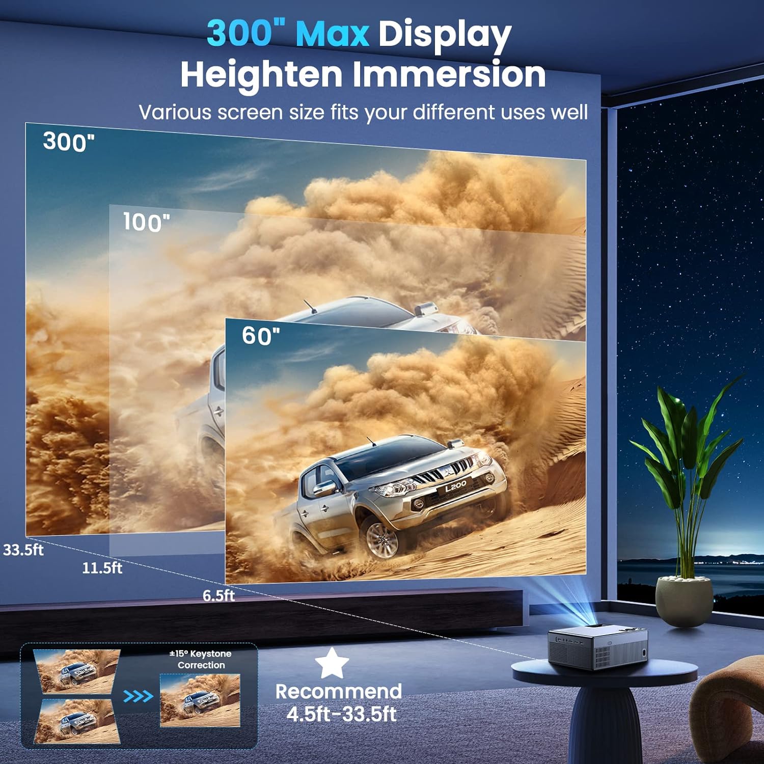 Projector with WiFi and Bluetooth, Projector 4K Support Native 1080P Projector, 5G WiFi FUDONI Outdoor Projector with 350 ANSI Max 300" Display, Movie Projector Compatible w/iOS/Android/Win/PS5, Black - Torange