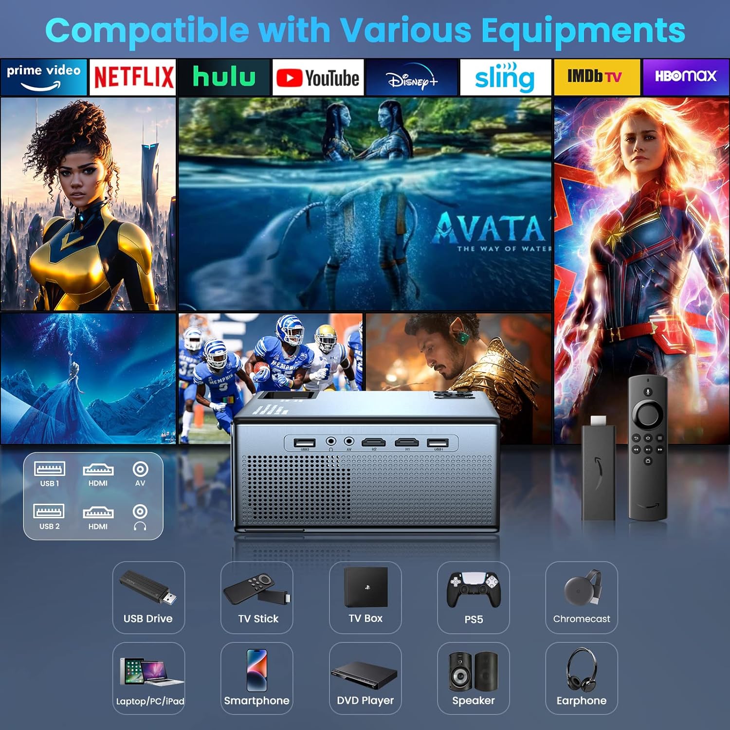 Projector with WiFi and Bluetooth, Projector 4K Support Native 1080P Projector, 5G WiFi FUDONI Outdoor Projector with 350 ANSI Max 300" Display, Movie Projector Compatible w/iOS/Android/Win/PS5, Black - Torange