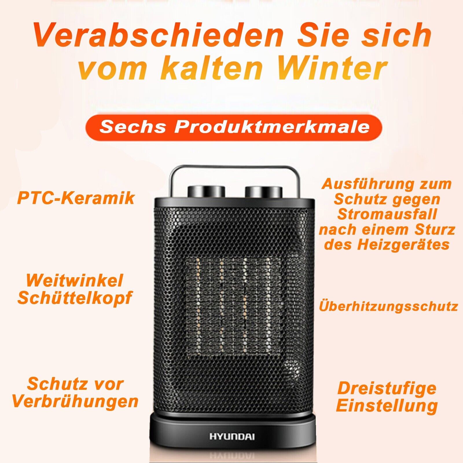 1500W Fan Heater Energy Saving PTC Ceramic Heater 3 Heat Levels, for Living Rooms, Offices, Workshops - Torange