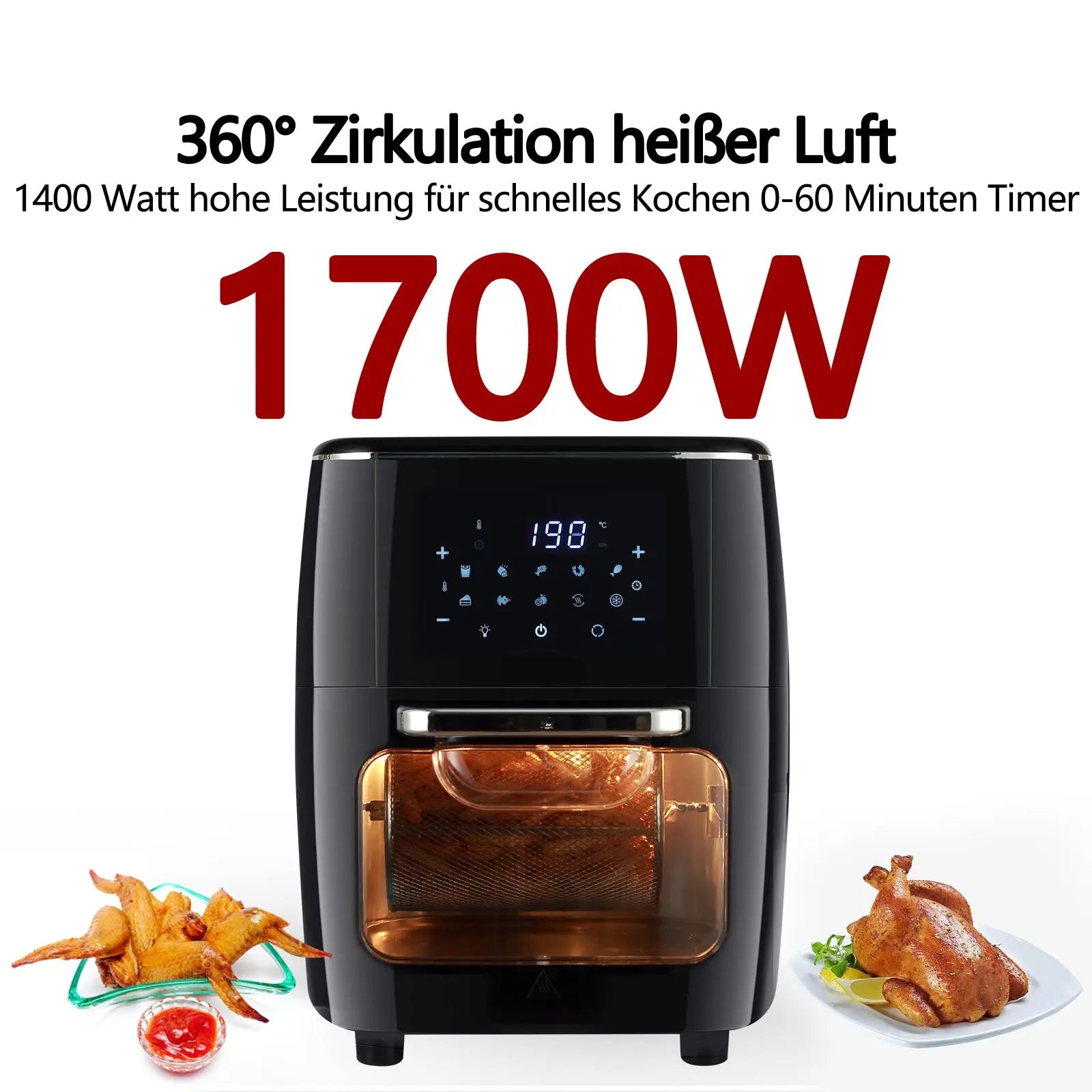 Hot air fryer Hot air fryer with updated Rapid Air technology, 1.4kg, 12L, 1700.00 W, 55% energy saving, 12 in 1 hot air fryer, 30 recipe book - Torange