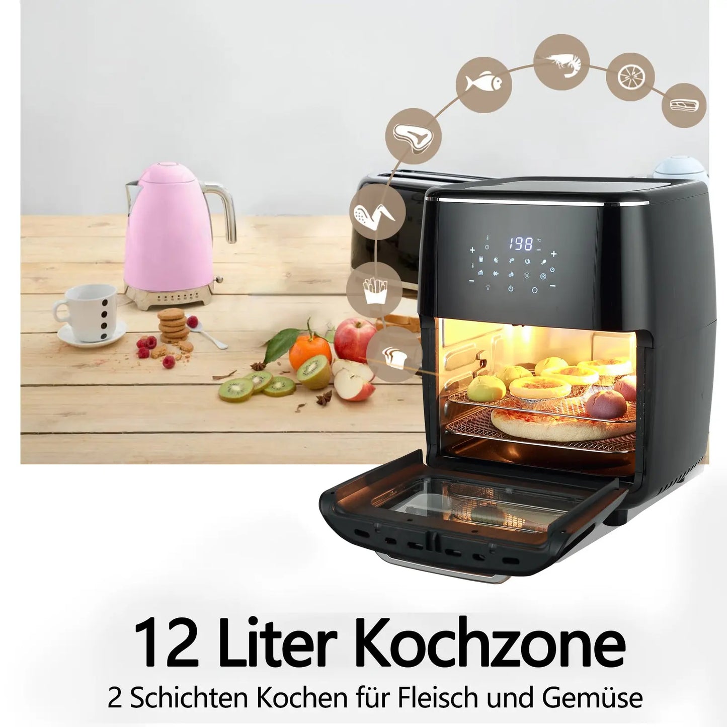 Hot air fryer Hot air fryer with updated Rapid Air technology, 1.4kg, 12L, 1700.00 W, 55% energy saving, 12 in 1 hot air fryer, 30 recipe book - Torange